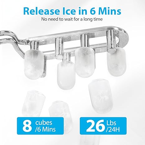 Aeitto Ice Maker Countertop 26lbs/24H, Ice Machine 8 Ice Cubes Ready in 6 Mins, 2 Sizes of Bullet Ice Portable Ice Makers with Basket & Scoop, Auto Self-Cleaning for Home/Kitchen/Office Stainless