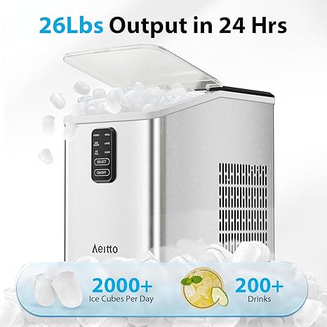 Aeitto Ice Maker Countertop 26lbs/24H, Ice Machine 8 Ice Cubes Ready in 6 Mins, 2 Sizes of Bullet Ice Portable Ice Makers with Basket & Scoop, Auto Self-Cleaning for Home/Kitchen/Office Stainless