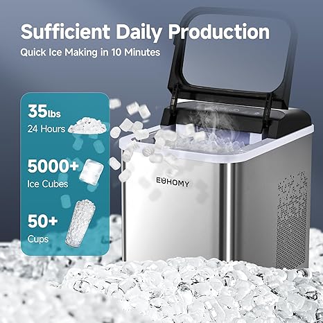 EUHOMY Nugget Countertop, Ready in 8 Mins, 35lbs/24H, Self-Cleaning, Portable Machine with Ice Scoop & Basket, Sonic with Chewable Pellet Ice for Home/Party/RV/Camping