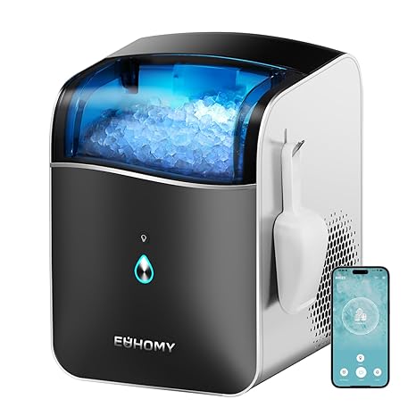 EUHOMY Smart Nugget Ice Maker Countertop, Portable Sonic Ice Maker with APP Control, 40lbs/24H, Ready in 8 Mins, Self-Cleaning, Pebble Ice Machine with Hanging Ice Scoop for Home/Kitchen/Office