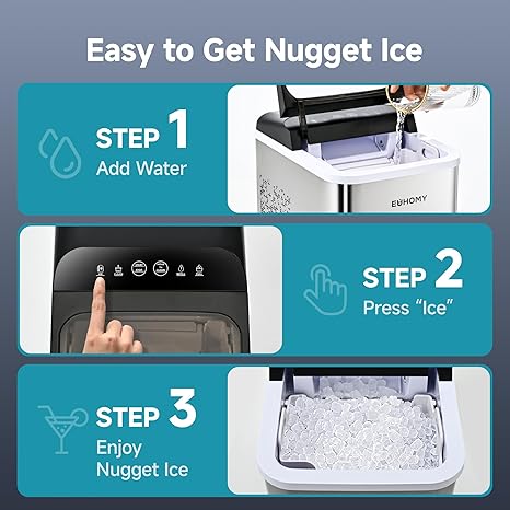EUHOMY Nugget Countertop, Ready in 8 Mins, 35lbs/24H, Self-Cleaning, Portable Machine with Ice Scoop & Basket, Sonic with Chewable Pellet Ice for Home/Party/RV/Camping